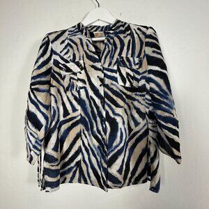 JM Collection Petite Womens Size 16P Zebra Print Button-Up Linen Shirt Top Blue